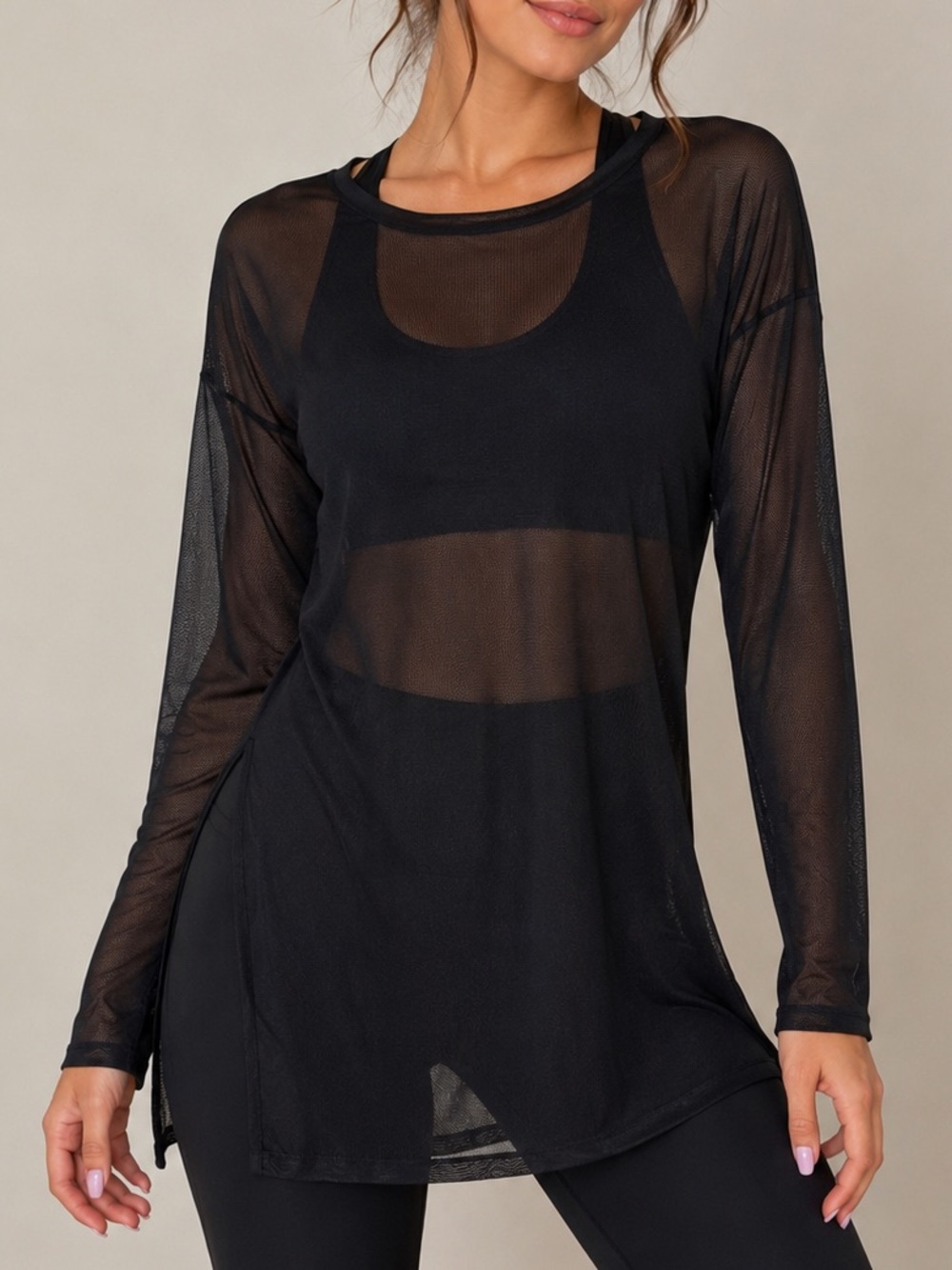 MKH Sheer Mesh Long Sleeve Workout Top Black Side Slit Size Small
